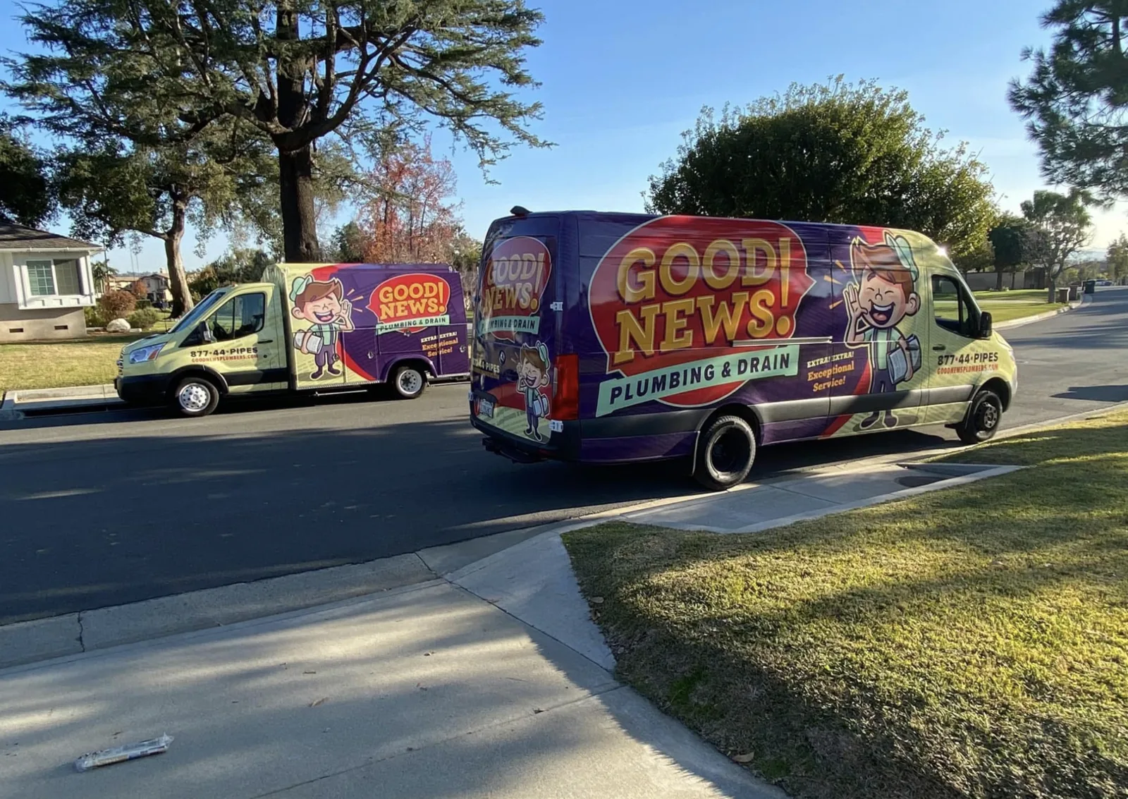 The Good News Plumbing & Drain Inc. fleet on a residential street in the San Gabriel Valley