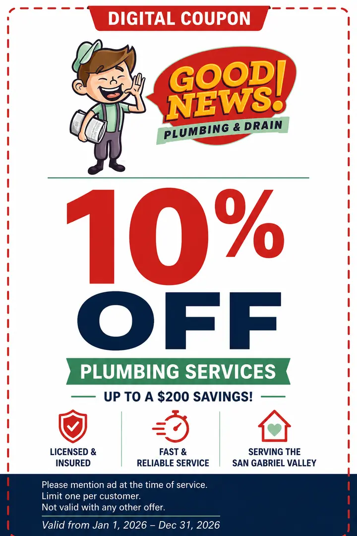 Digital coupon — 10% off plumbing services, up to a $200 savings. Please mention ad at time of service.