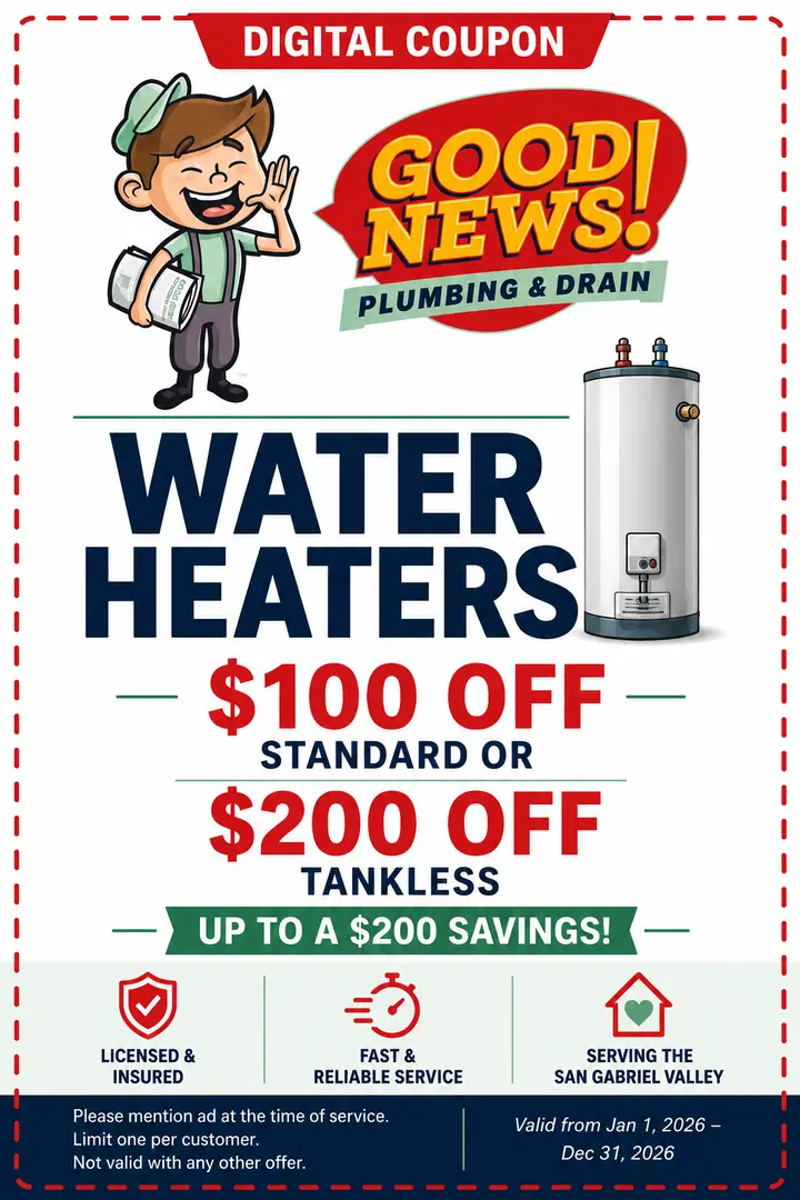 Digital coupon — $100 off standard or $200 off tankless water heaters. Please mention ad at time of service.