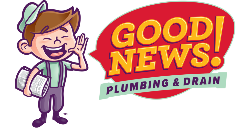 Good News Plumbing & Drain logo featuring a smiling, cartoon-style character holding a newspaper, with the company name in bold, colorful text.