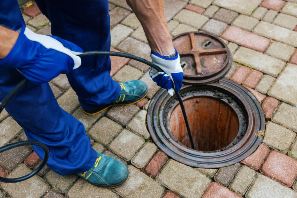 A worker in blue uniform and gloves is using a cable to clean a sewer or drain pipe through an open manhole on a brick-paved surface.